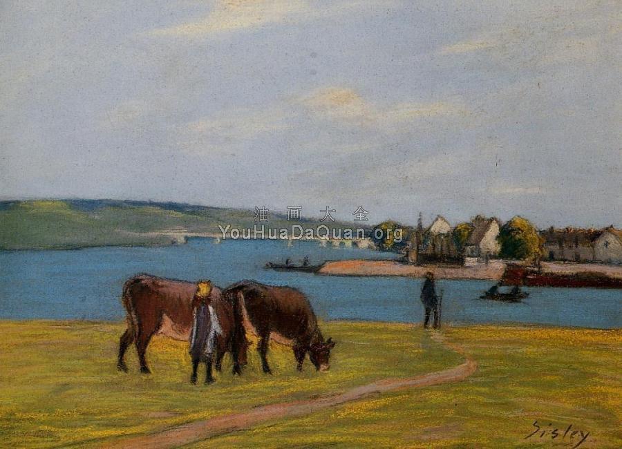 Cows by the Seine at Saint-Mammes - 阿尔弗莱德·西斯莱